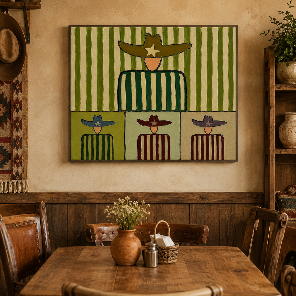 Whimsical Western Folk Art Painting With Cowboy Figures In Green Stripes For Modern Home Decor