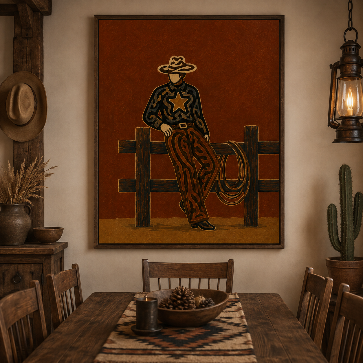 Vintage Cowboy Painting, Western Ranch Wall Art, Rustic Southwestern Rodeo Home Decor