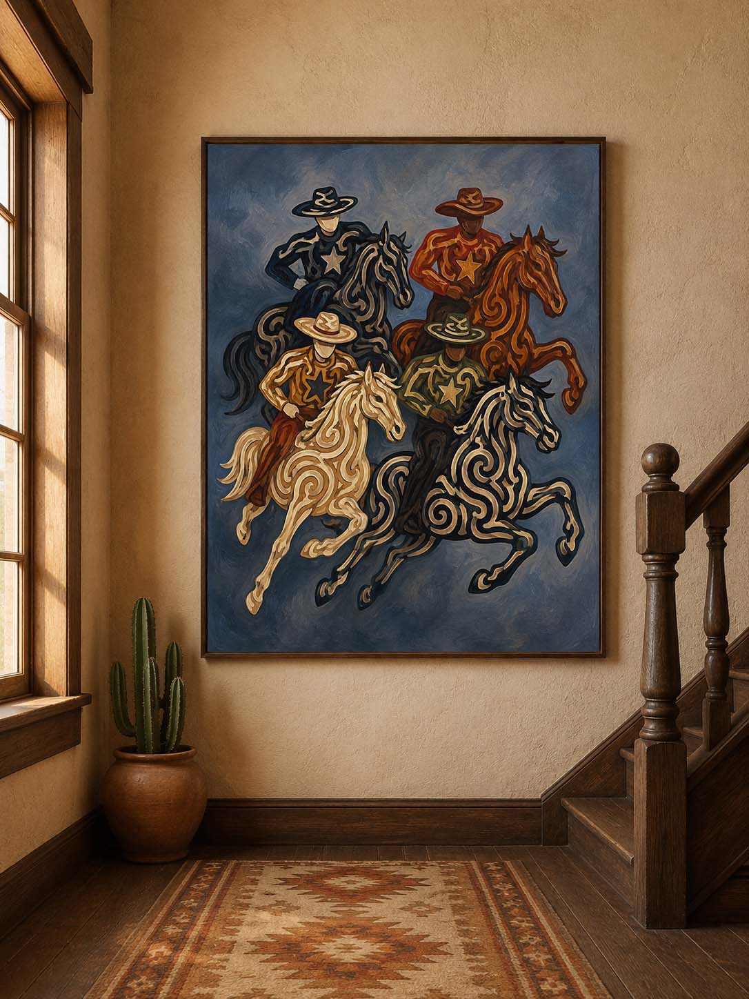 Cowboy And Horse Painting Hand-Painted Navy Blue Western Canvas Art