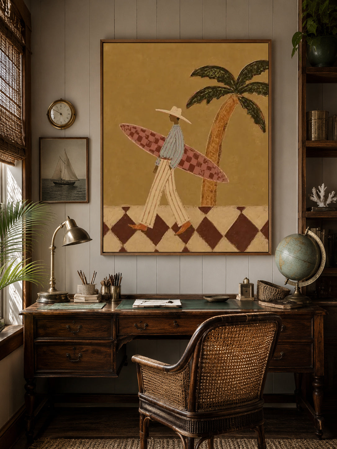 Vintage Surfer Painting With Checkerboard Board For Coastal Living Room Wall Art Decor