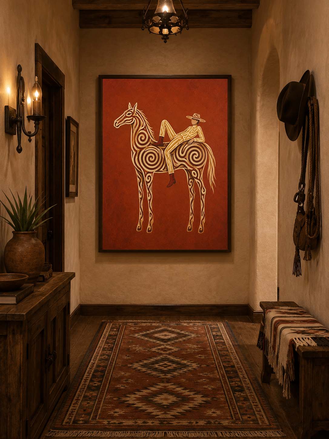 Neutral Earth Tone Cowgirl Wall Art, Terracotta Horse Canvas Art, Boho Western Home Decor