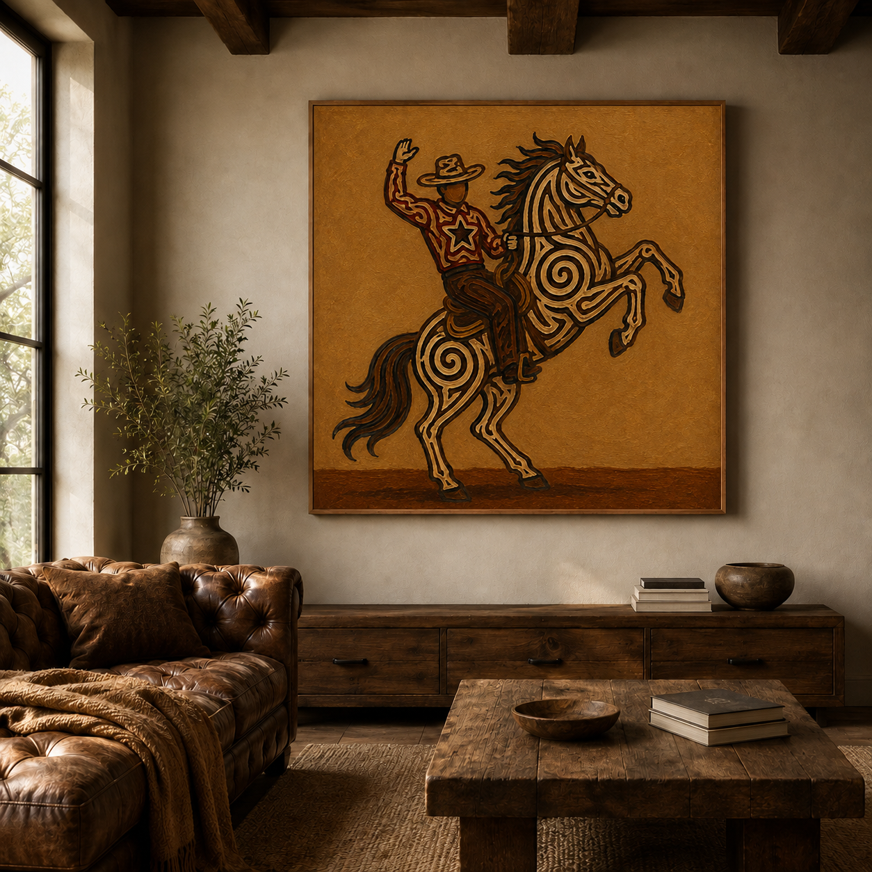 Rearing Horse And Cowboy Art, Wild West Cowboy Riding Painting, Bucking Horse Wall Decor, Dynamic Western Canvas