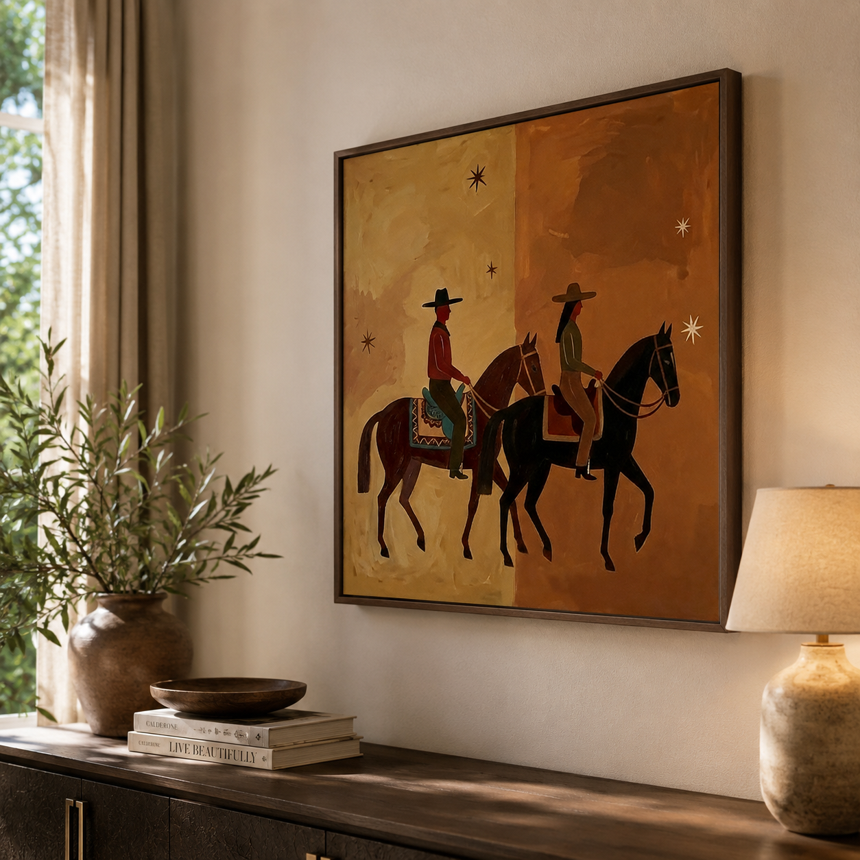 Modern Western Cowboy Horse Painting Earth Tones Wall Art For Rustic Home Decor
