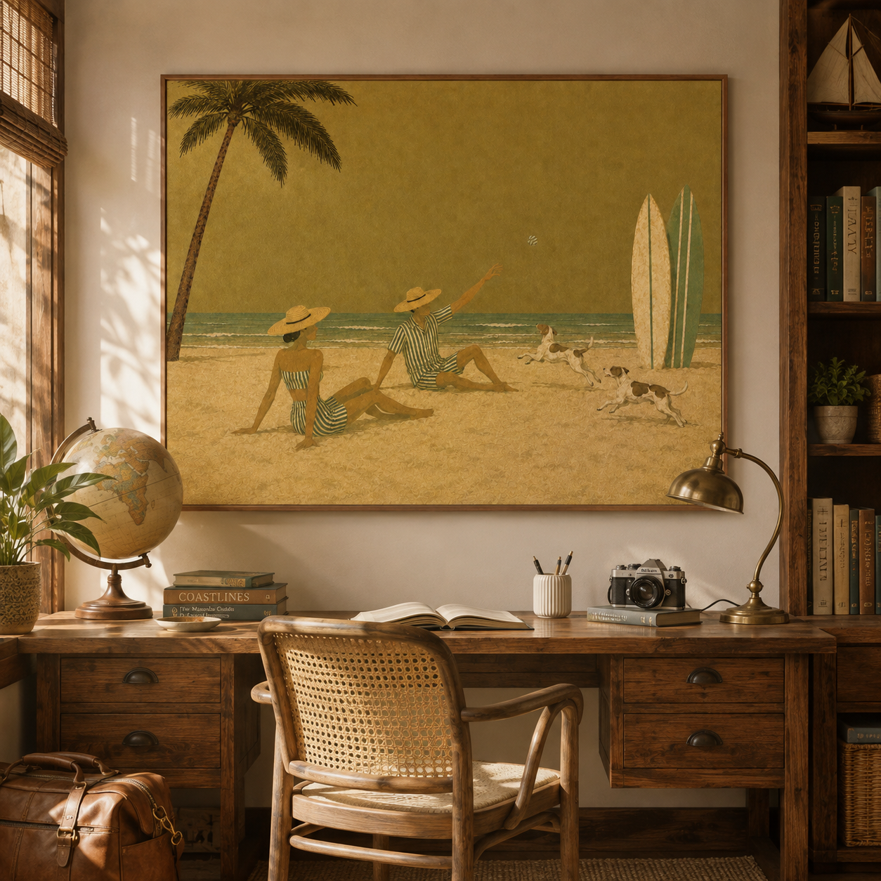 Surfboard Beach Art With Palm Tree And Dogs Vintage Style Original Canvas Painting For Coastal Or Vacation Home Walls