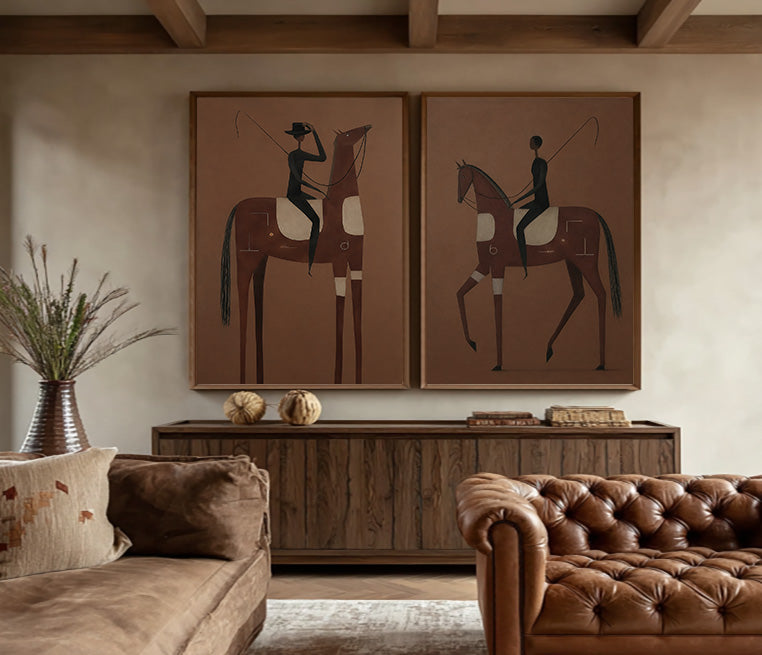 Vintage Brown Horse Painting Set For Modern Equestrian Home Decor