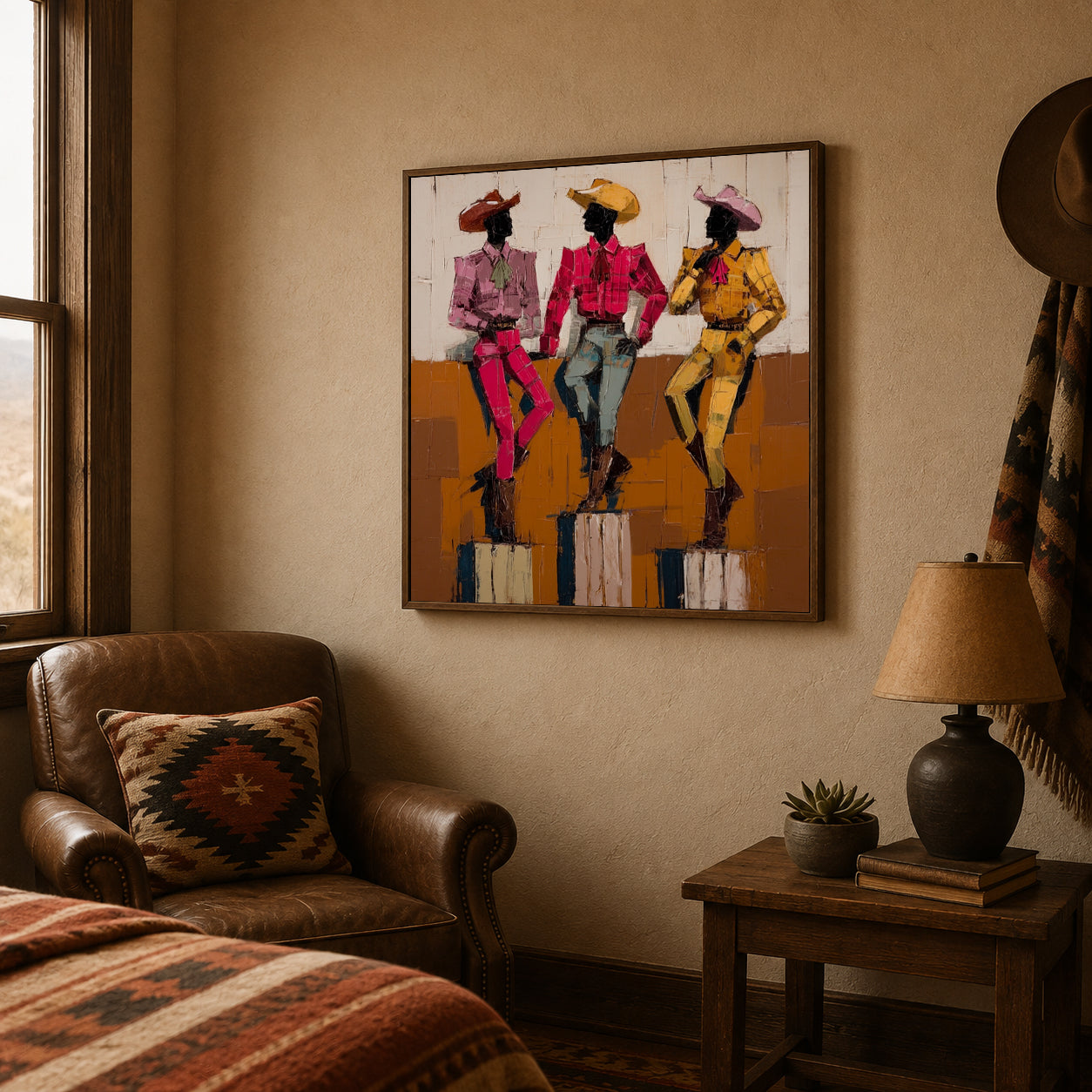 Hand-Painted Cowboy Group Canvas Art In Vintage Pink Yellow Blue Tones For Western Home Decor
