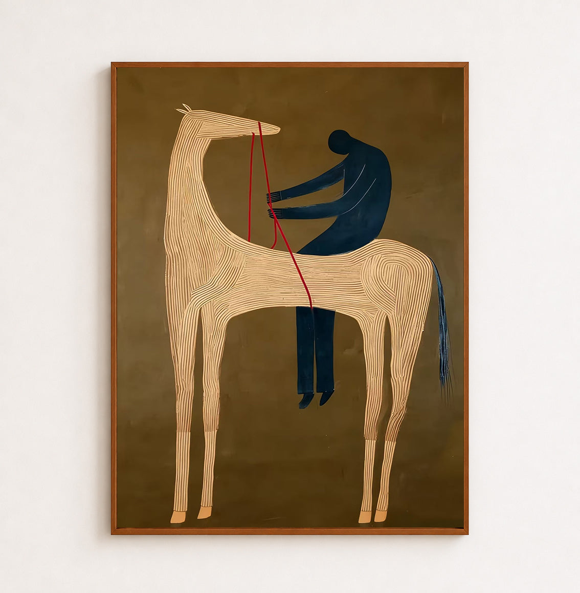 Abstract Storytelling Horse Canvas Art Featuring Human Silhouette In Earthy Minimalist Palette