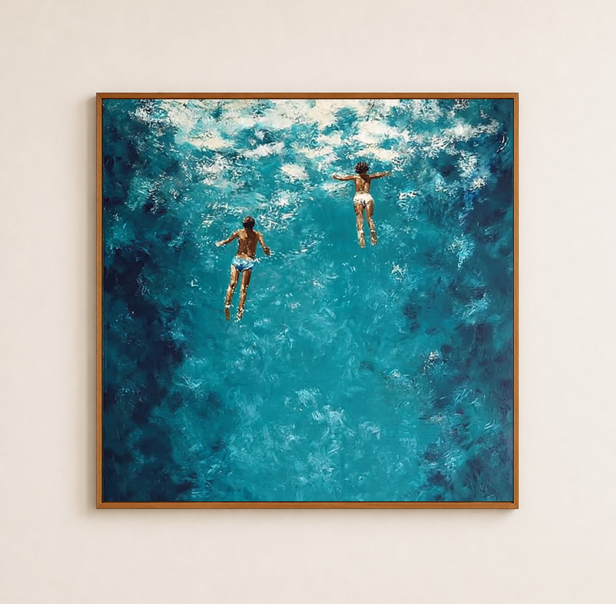 Hand Painted Ocean Oil Painting With Swimmers In Blue Water For Coastal Home Decor