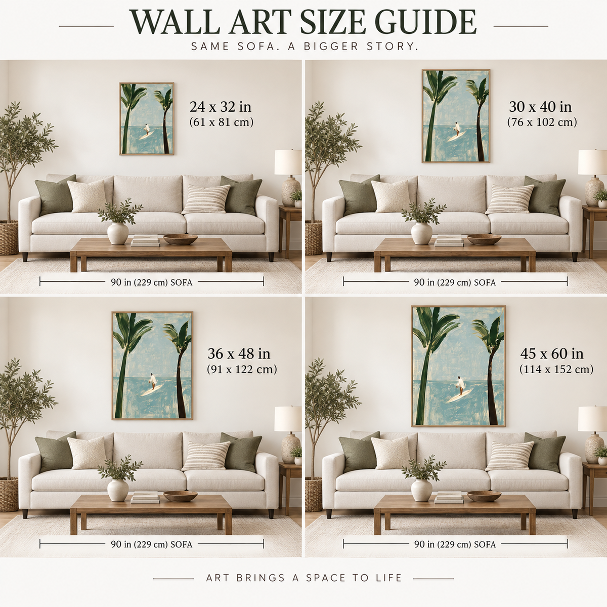 Surfer And Palm Trees Canvas Painting Modern Blue Beach Wall Art