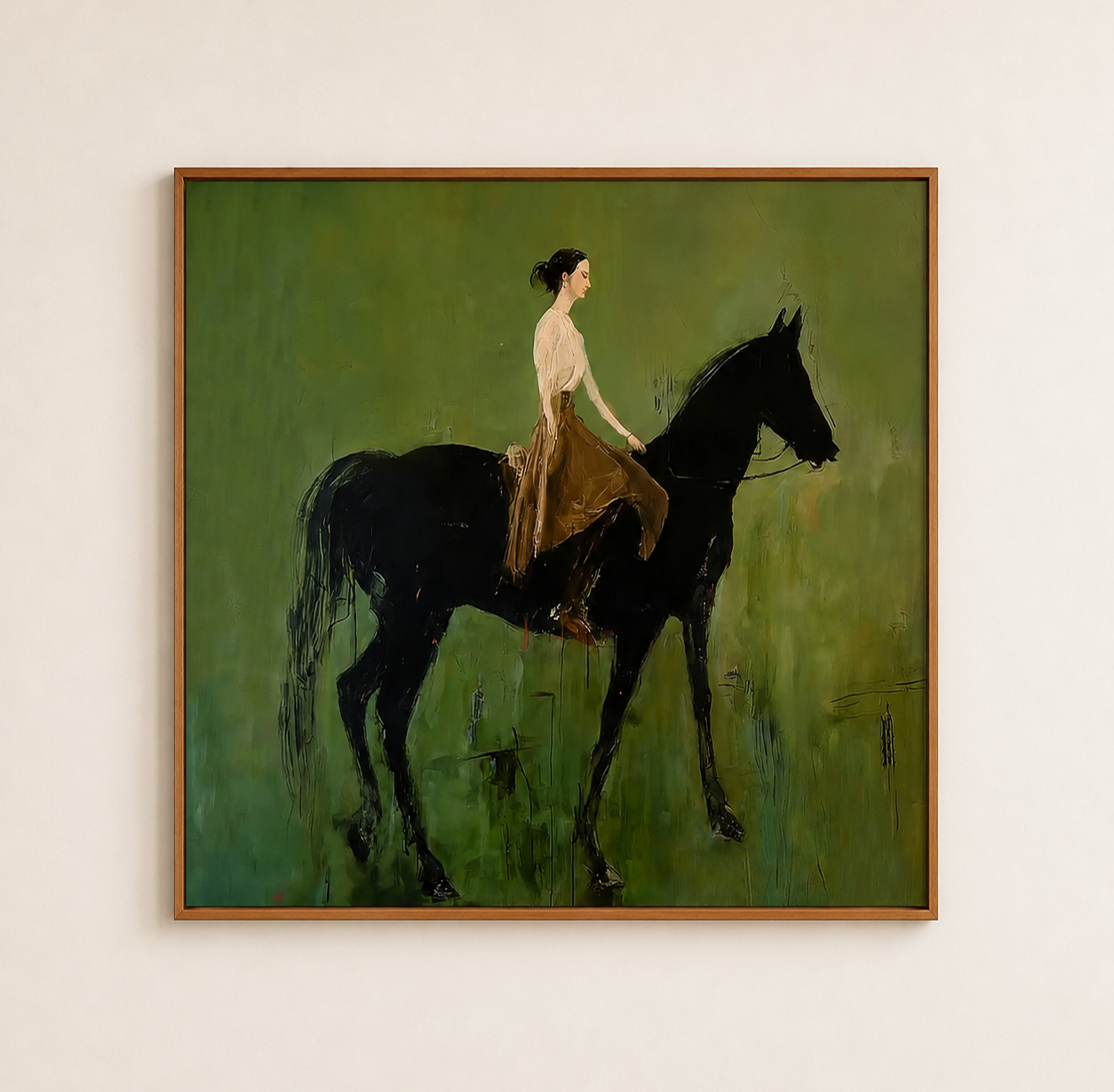 Elegant Woman Riding Black Horse Oil Painting On Linen Canvas With Olive Green Background