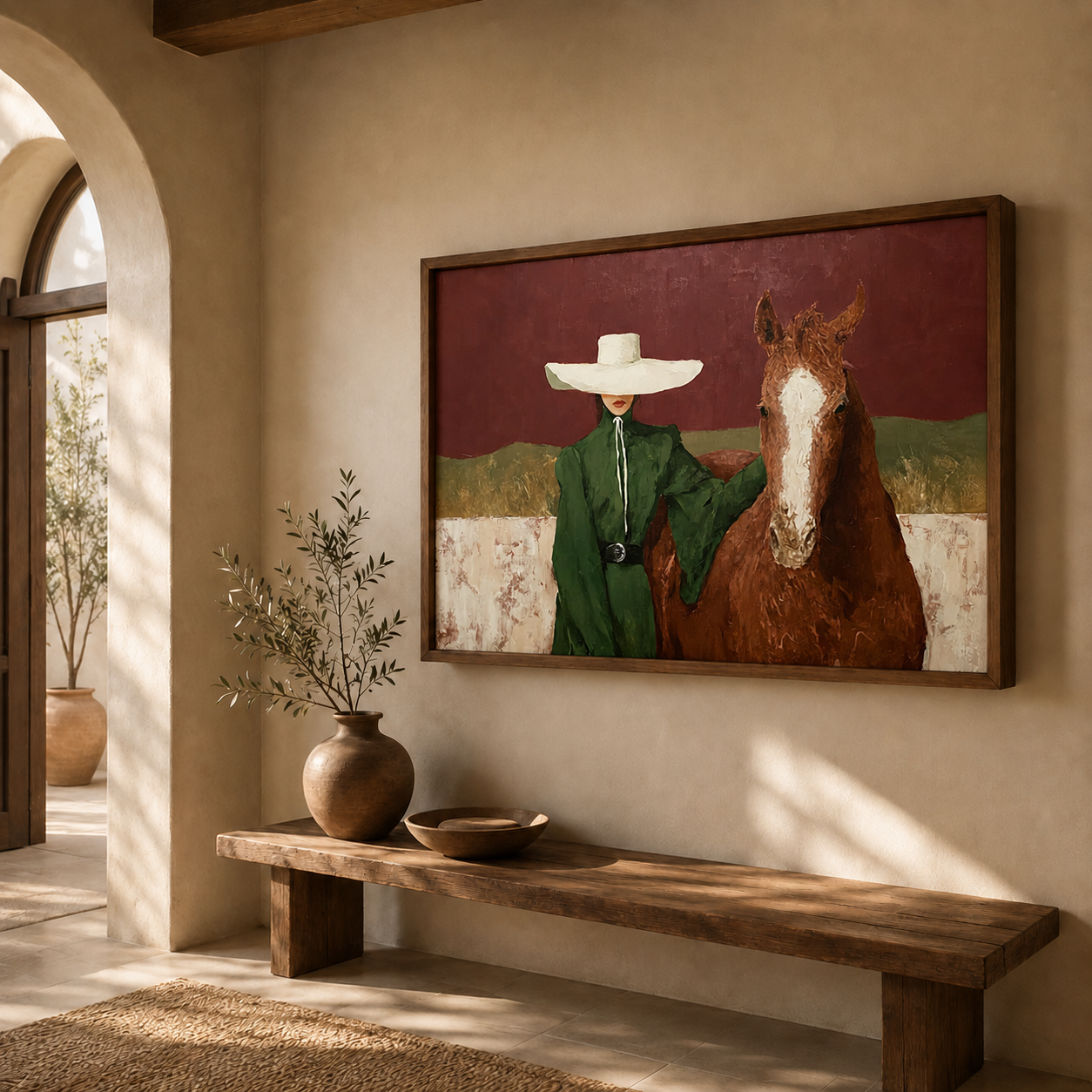 Elegant Woman With Horse Painting In Burgundy And Green For Modern Home Wall Art Decor