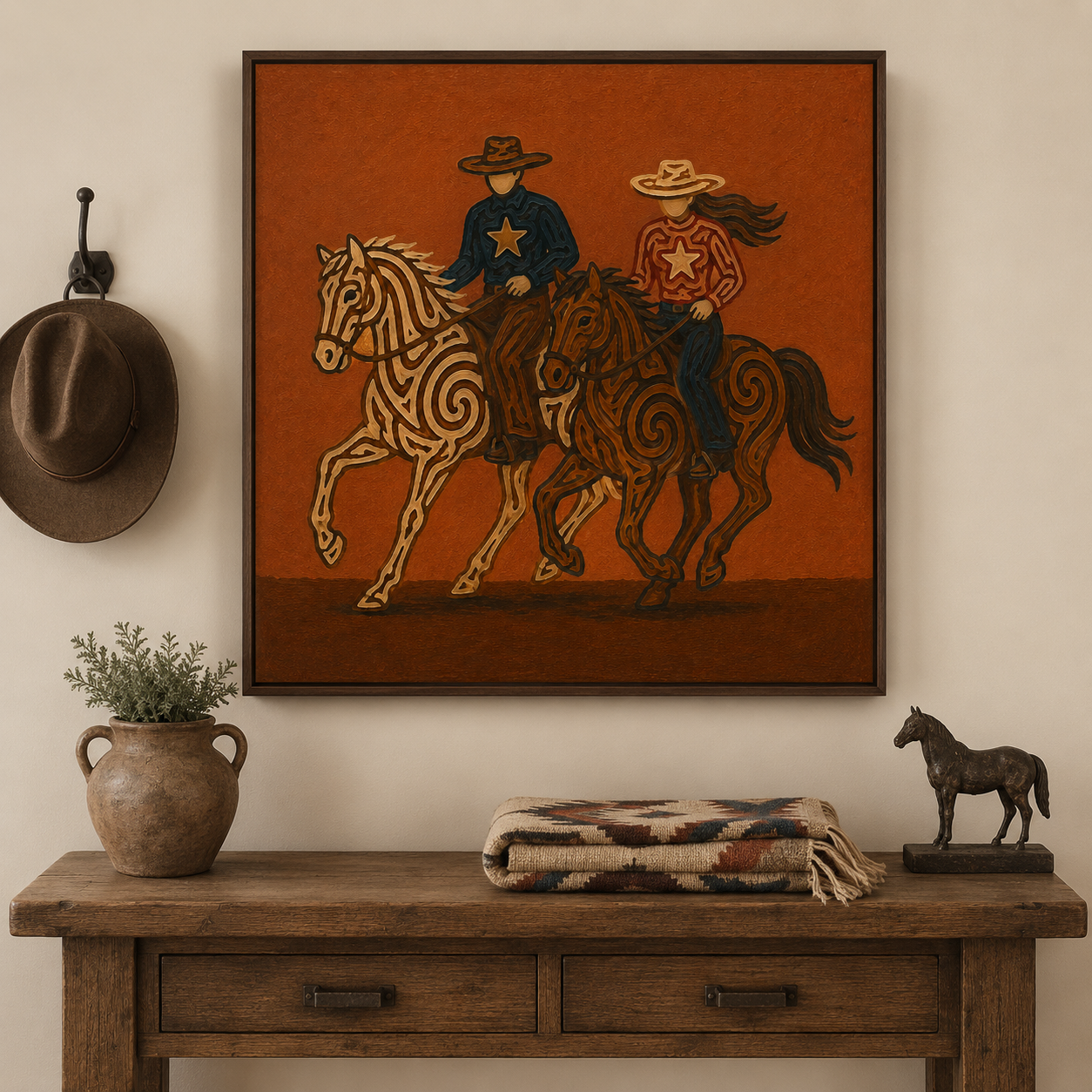 Two Cowboys Horses Art, Cowboy And Cowgirl Wall Decor, Dynamic Ranch Horses Canvas