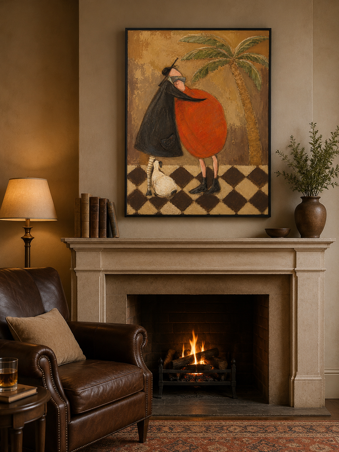 Vintage Tropical Wall Art With Two Figures In Brown Tones For Modern Living Room Decor