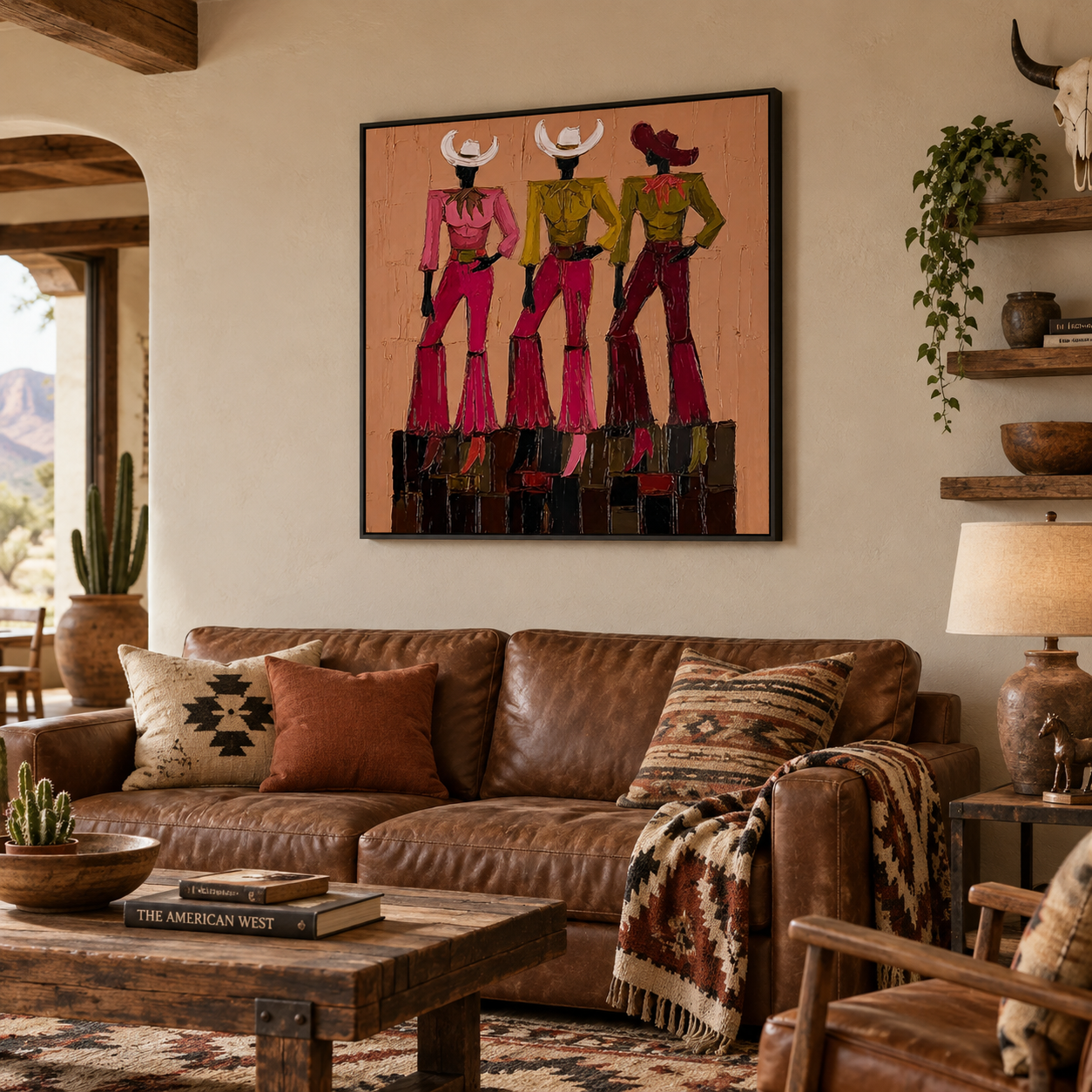Vintage Cowgirl Wall Art,Pink And Green Cowgirl Canvas Painting, Trendy Country Aesthetic Home Decor