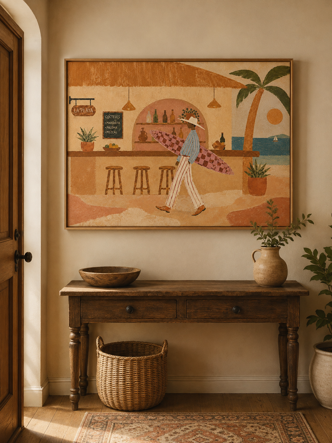 Surfer Man Oil Painting, Beach Bar Wall Art, Retro Coastal Surf Decor Beach House Decor