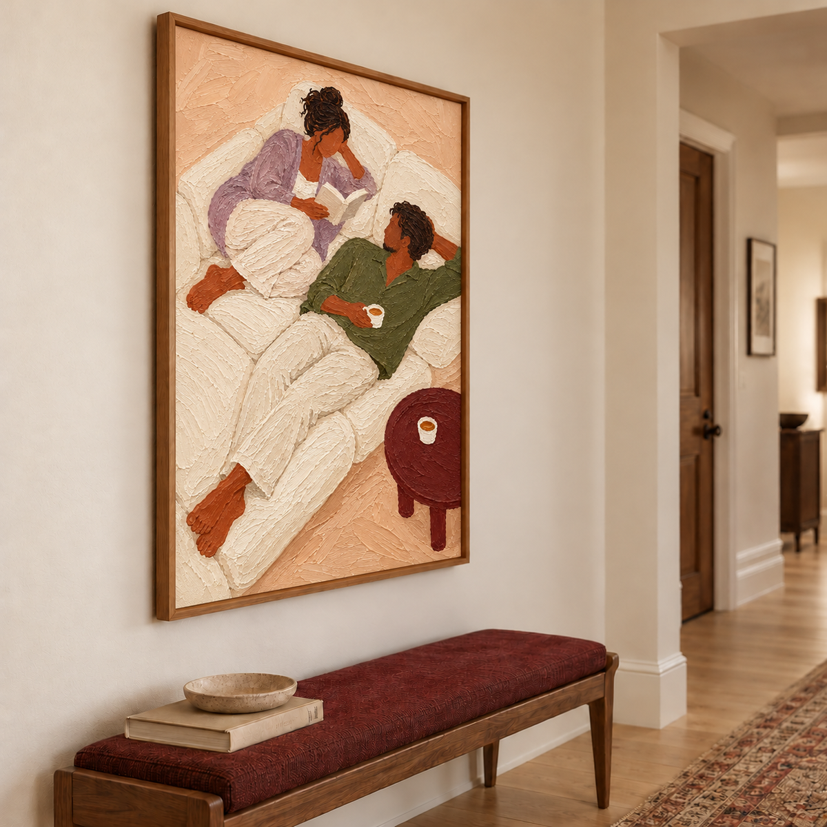 Cozy Couple Reading Painting Romantic Living Room Wall Art With Textured Couple Figure Painting