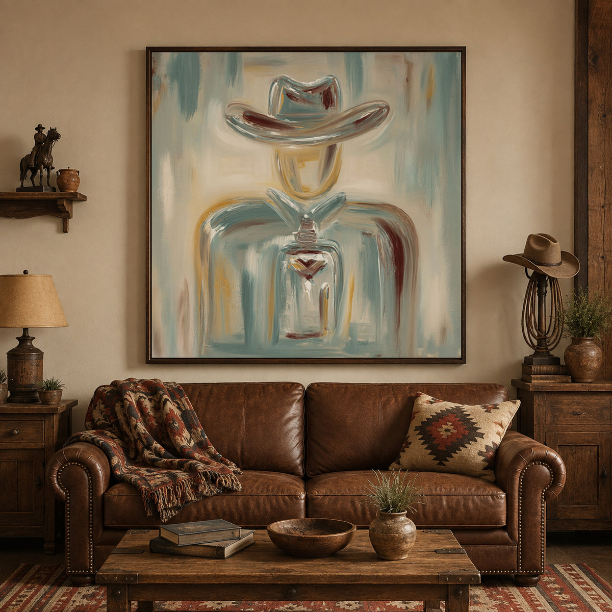 Abstract Cowboy Canvas Art, Terracotta Western Wall Decor,Neutral Rustic Artwork
