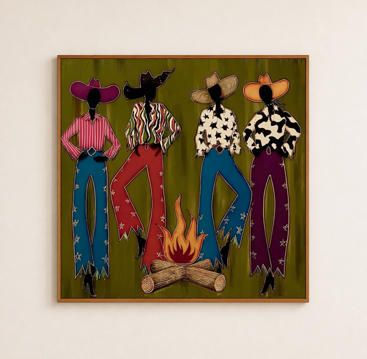 Colorful Cowgirl Painting, Retro Southwest Decor, Olive Green Handmade Artwork