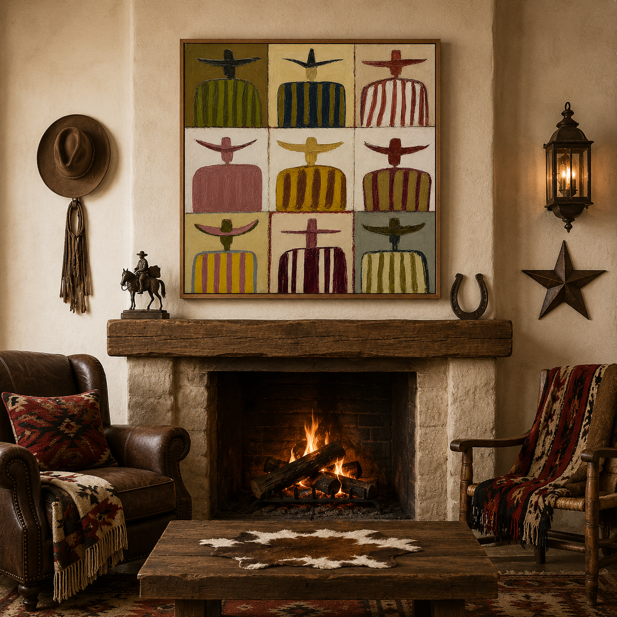 Sombrero Family Portrait Painting In Earthy Tones For Rustic Living Room Decor