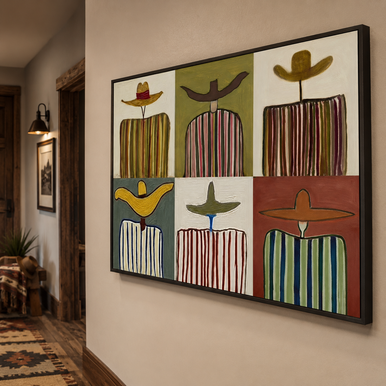 Retro Folk Art Painting With Striped Figures And Wide Brim Hats For Eclectic Home Decor