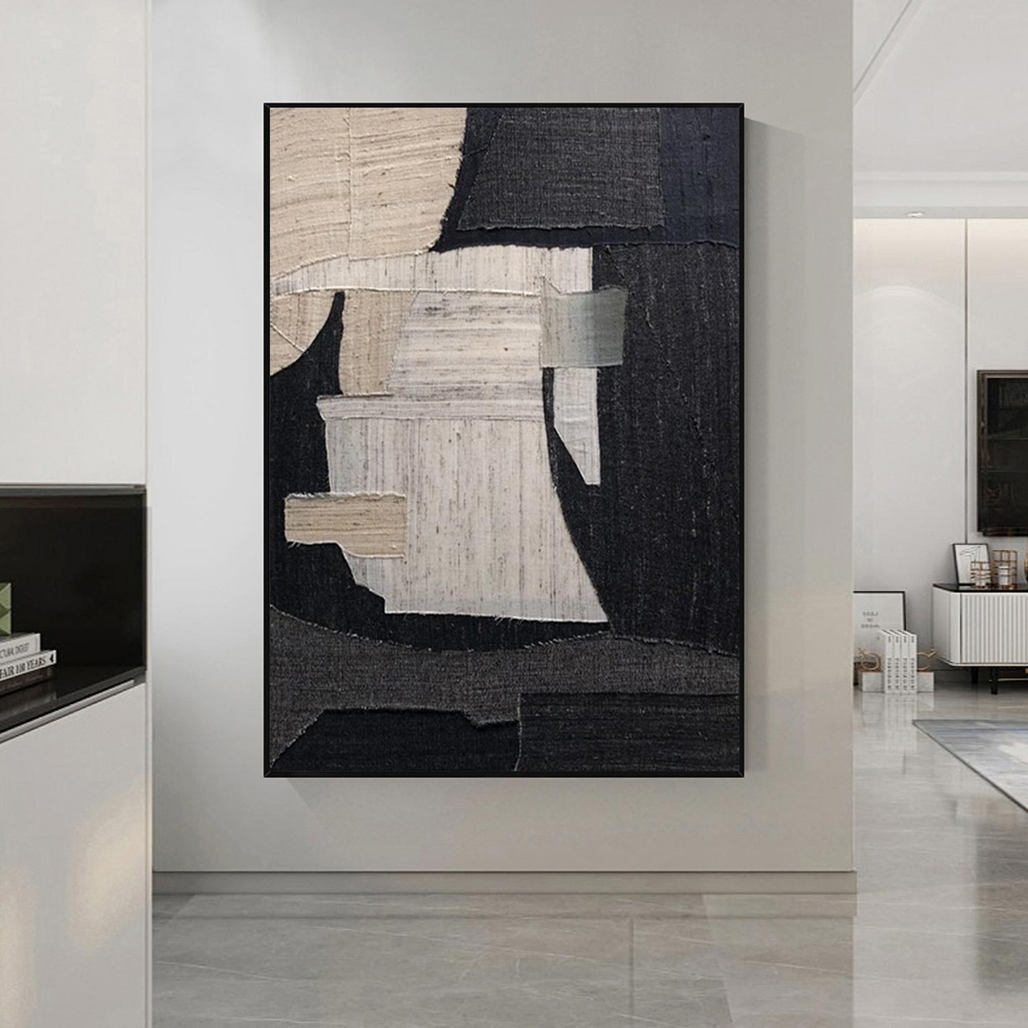 Large Black and Beige Textured wall art Black and Beige abstract art