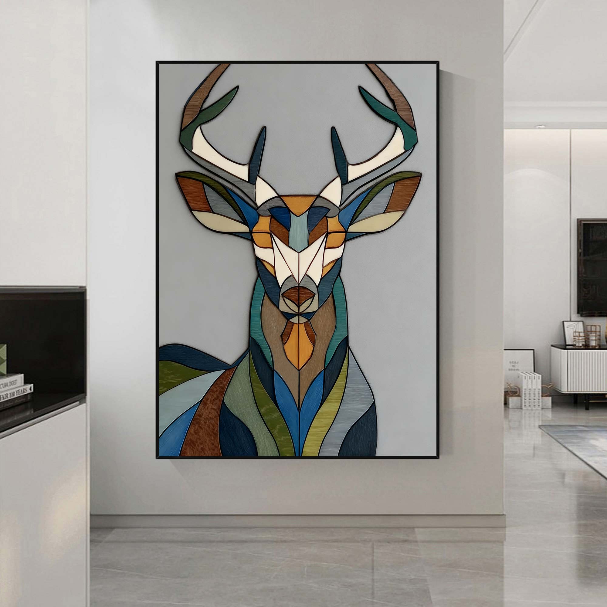 colorful Abstract wooden deer art Living room geometric deer decor