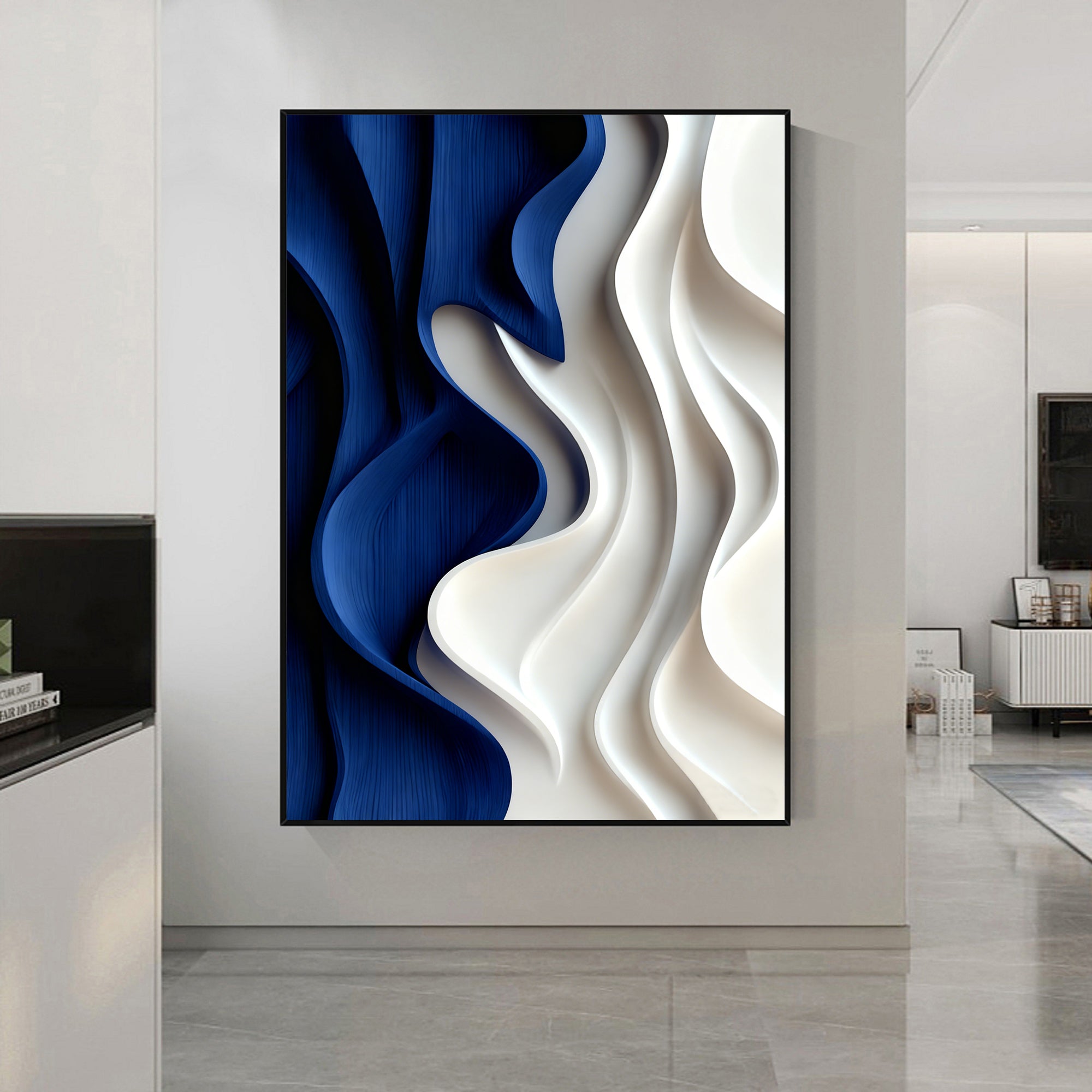 Blue Sculptured art Painting Wood carving wall art Blue 3D Textured Wall art