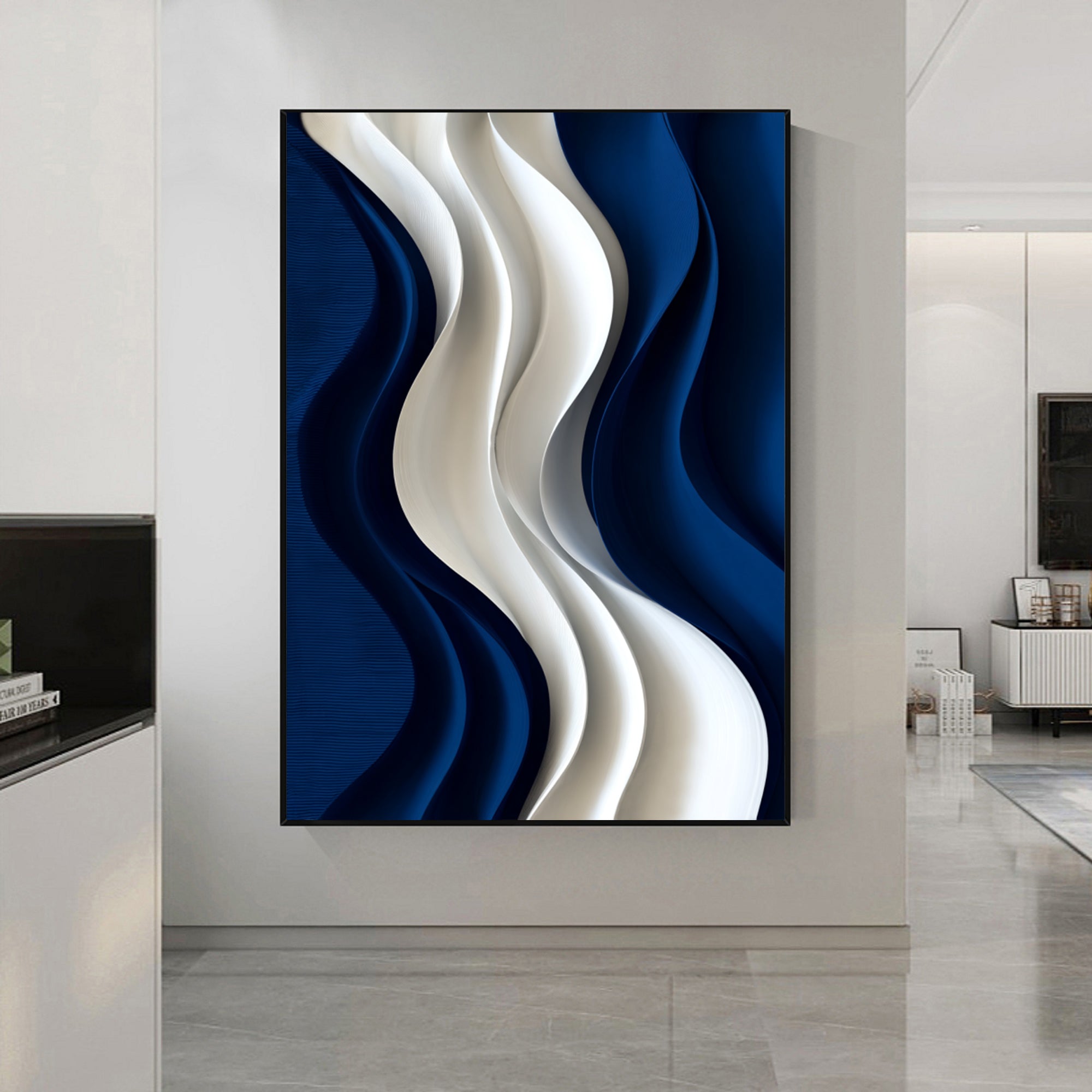 Blue 3D Textured Wall art Hand-Painted Wood Carving Wall Art Blue 