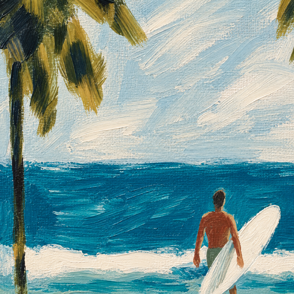 Surfer And Palm Trees Beach Canvas Painting Blue Ocean Wall Art