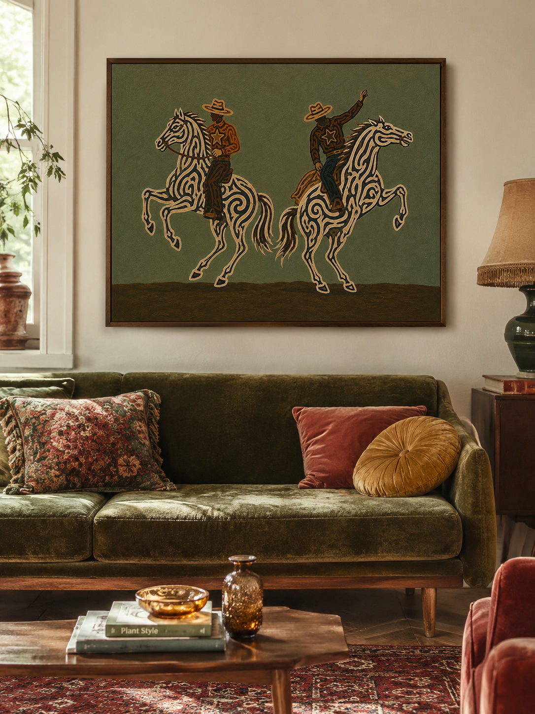 Two Cowboys Horse Painting, Olive Green Western Riders, Rustic Southwestern Equestrian Art