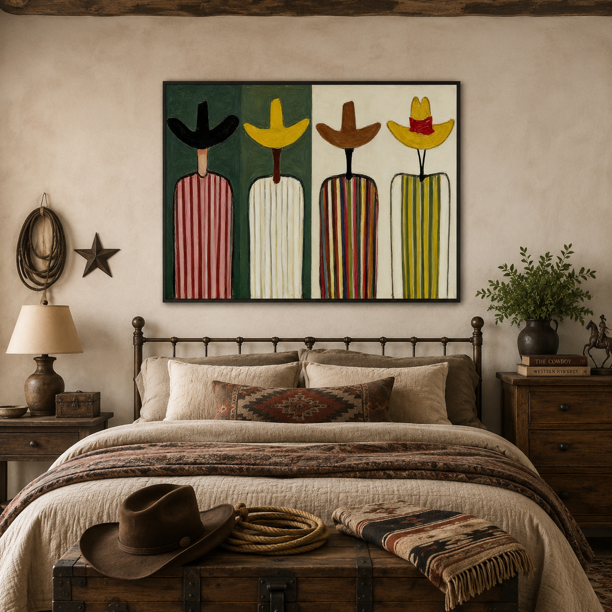 Retro Folk Art Painting Abstract Figures In Striped Hats For Modern Home Decor