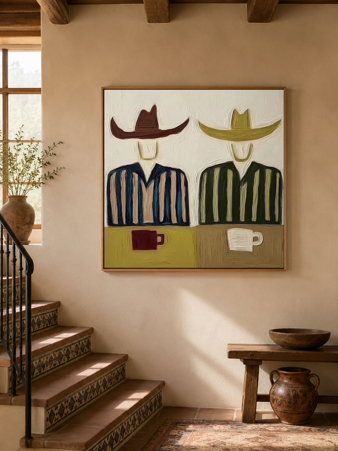 Cowboy And Coffee Minimalist Canvas Painting For Western Decor