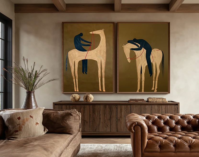 Original Equestrian Oil Painting Set Of Two With Green Background And Linear Horse Design