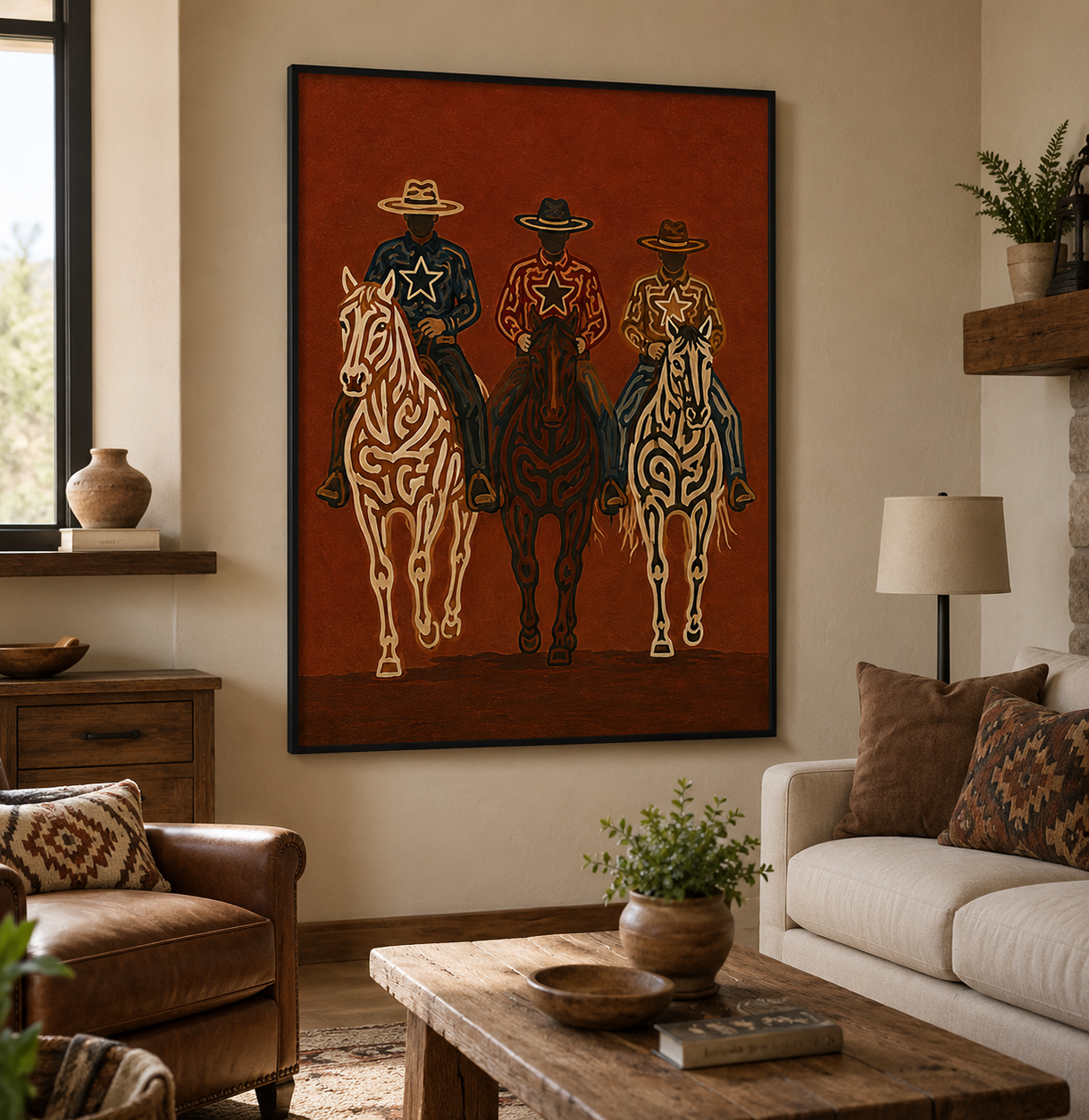 Vintage Three Cowboys Horse Painting, Western Ranch Riders, Rustic Southwestern Wall Art