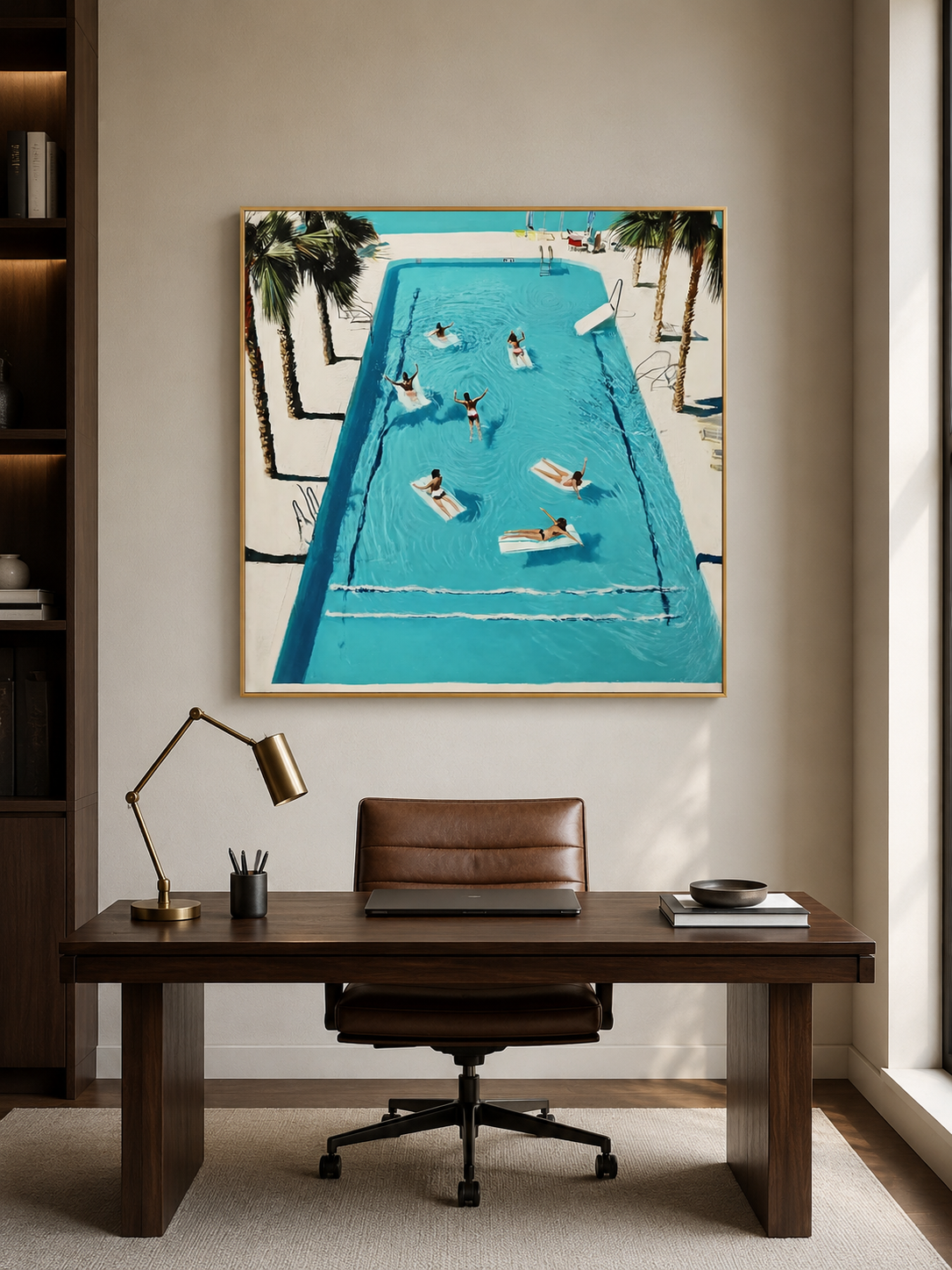 Vintage Swimming Pool Oil Painting With Palm Trees For Retro Bedroom Wall Art Decor