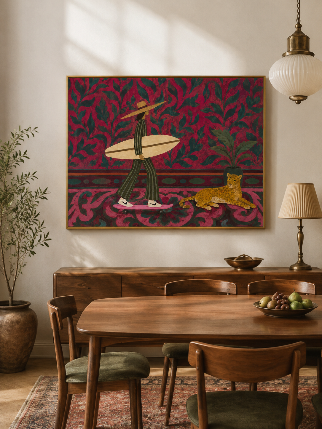 Tropical Folk Surf Woman With Cheetah Pink Floral Background Original Oil Painting For Living Room Decor