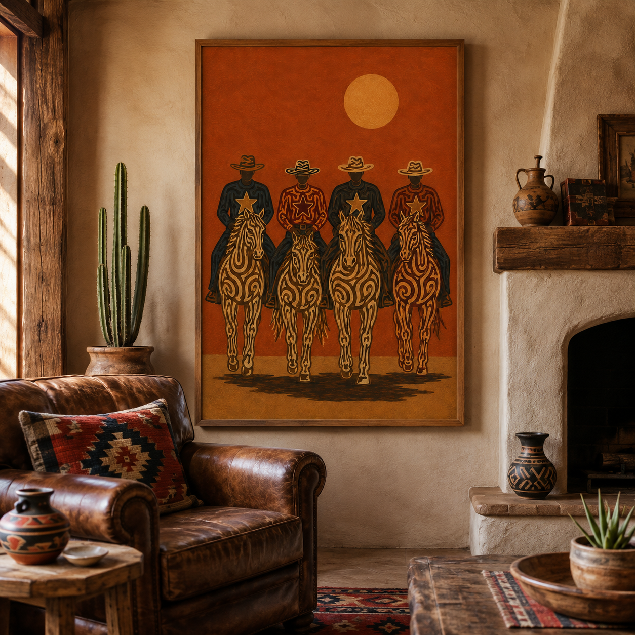 Cowboy Riders Oil Painting, Burnt Orange Western Wall Art, Rodeo Ranch Hand Painted Decor