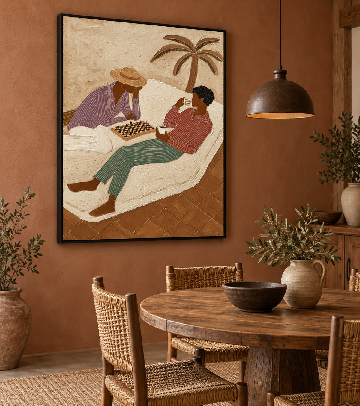 Figurative Chess Painting With Palm Tree And Coffee For Wall Decor