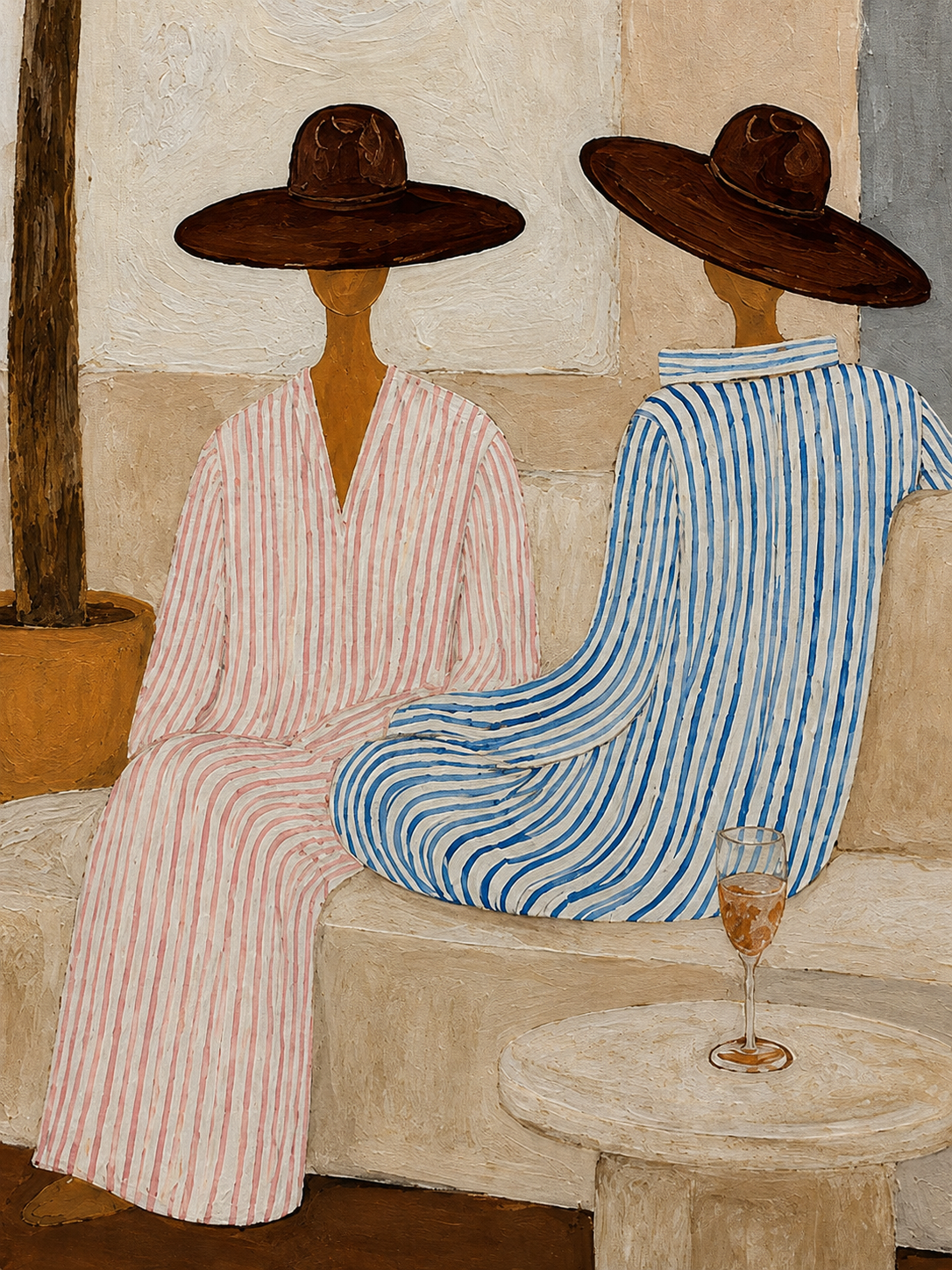 Bohemian Coastal Art With Palm Tree And Striped Figures For Living Room Decor