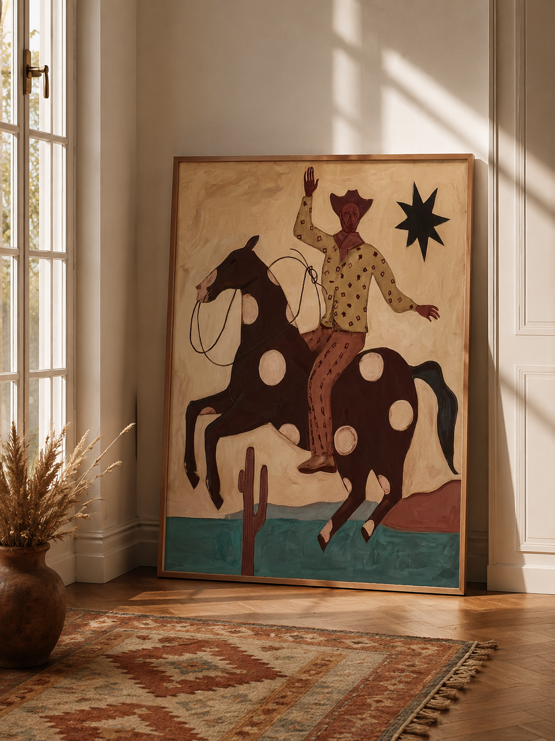 Figurative Cowboy Painting With Spotted Horse And Desert Landscape In Retro Vintage Style