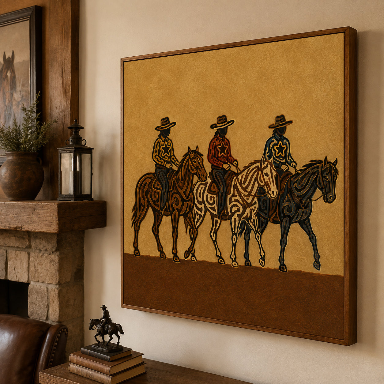 Three Cowboys Horse Painting, Western Ranch Riders, Southwestern Folk Wall Art For Home