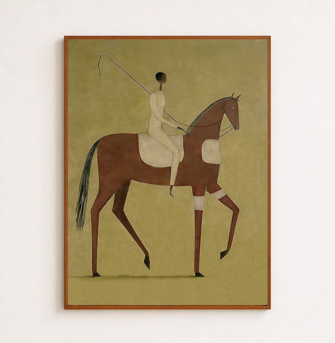 Wabi Sabi Style Rider On Horse Art Original Oil Painting With Olive Background
