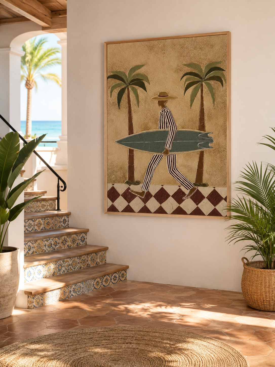 Vintage Surf Art With Brown Checkered Floor And Green Board For Beach Home Decor