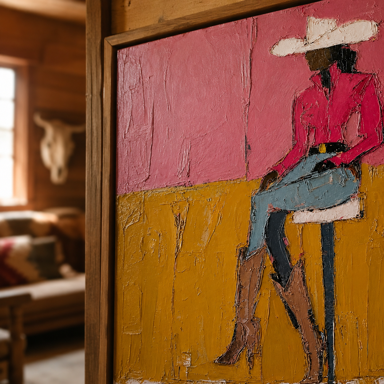 Modern Pink Cowgirl Oil Painting Abstract Fashion Figure Art For Living Room Decor