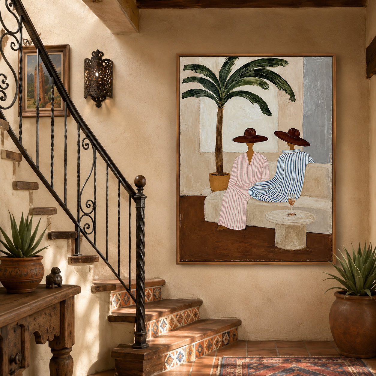 Bohemian Coastal Art With Palm Tree And Striped Figures For Living Room Decor