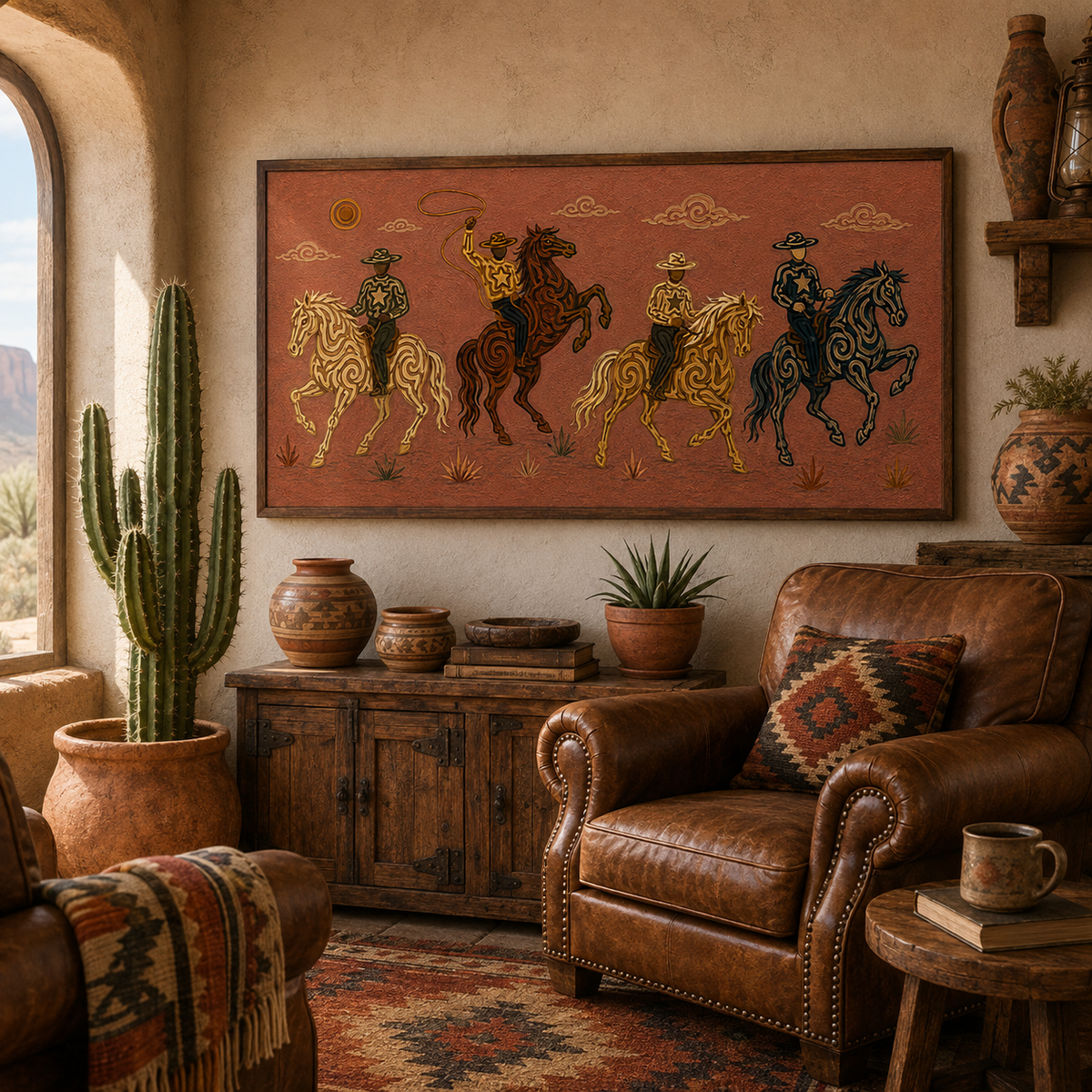 Panoramic Rodeo Cowboy Painting, Lasso Horse Riders, Southwestern Western Ranch Art