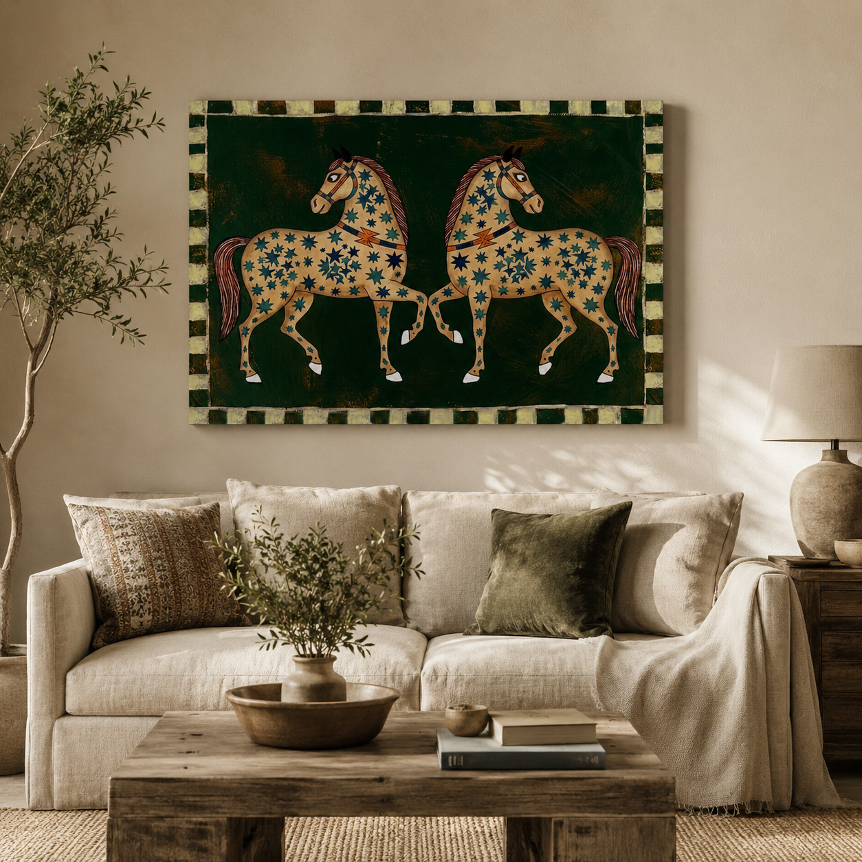 Exquisite Two Horses Painting With Star Patterns On Olive Green Background Original Folk Art