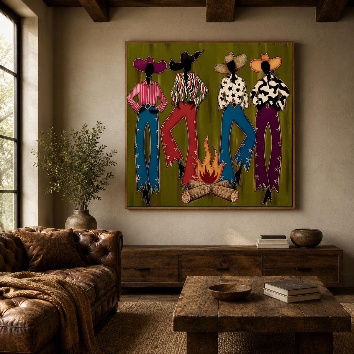 Colorful Cowgirl Painting, Retro Southwest Decor, Olive Green Handmade Artwork