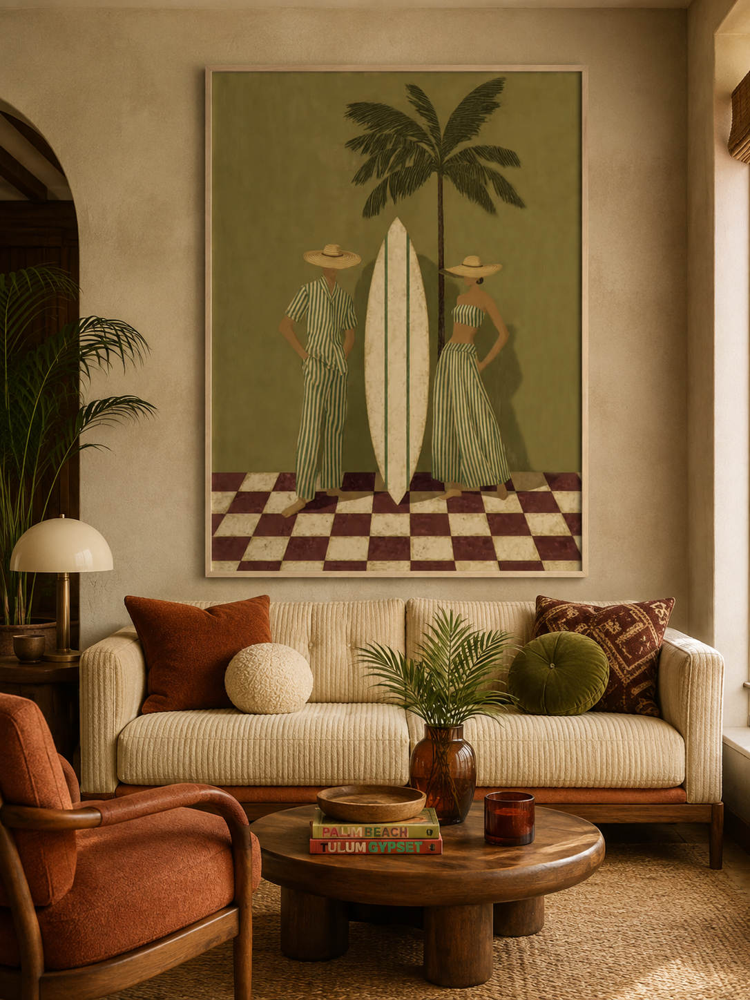 Vintage Green Stripe Beach Art With Palm Tree And Surfboard For Coastal Living Room Wall Decor