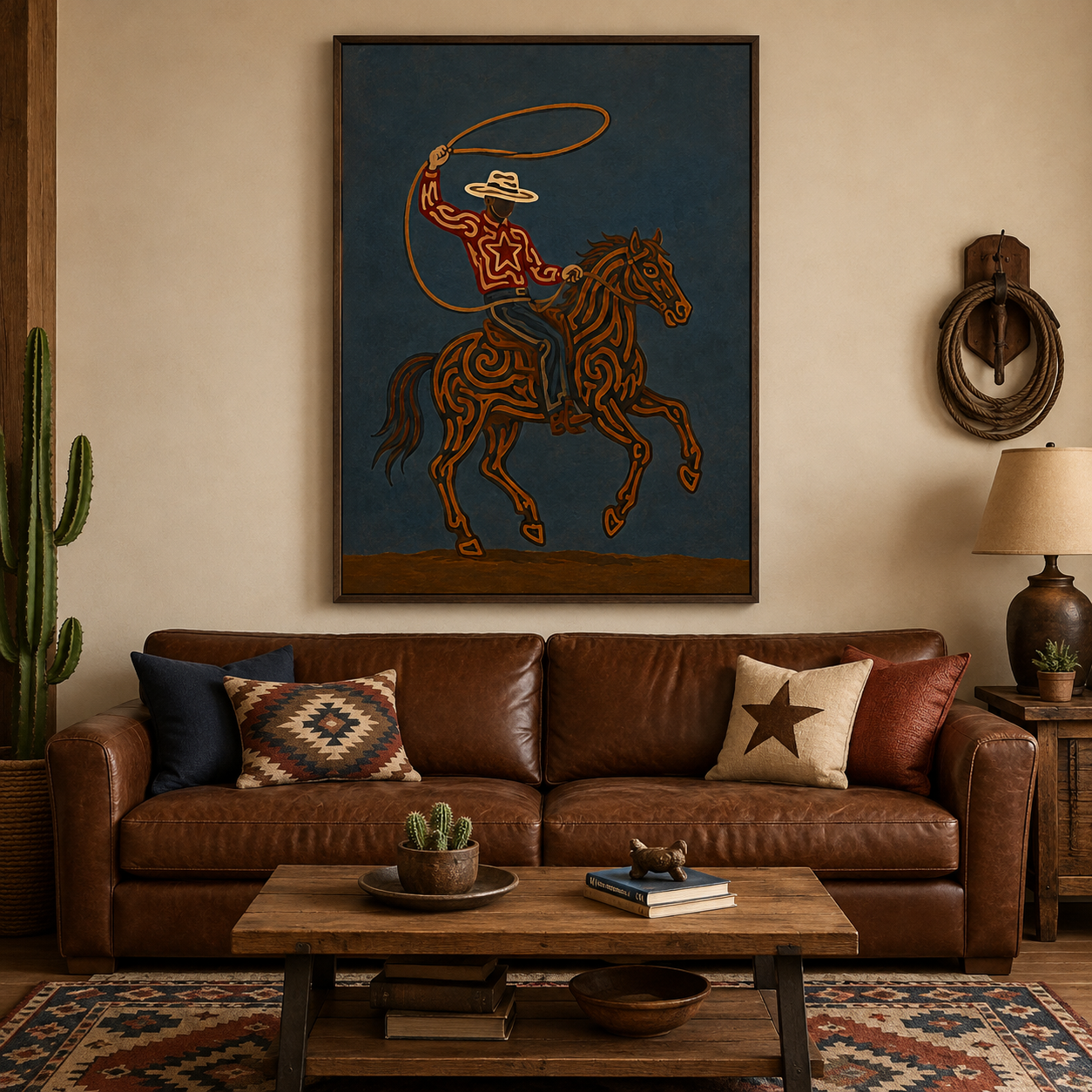 Rodeo Cowboy Lasso Painting, Texas Western Wall Art, Rustic Ranch Decor, Modern Cowboy Horse Art